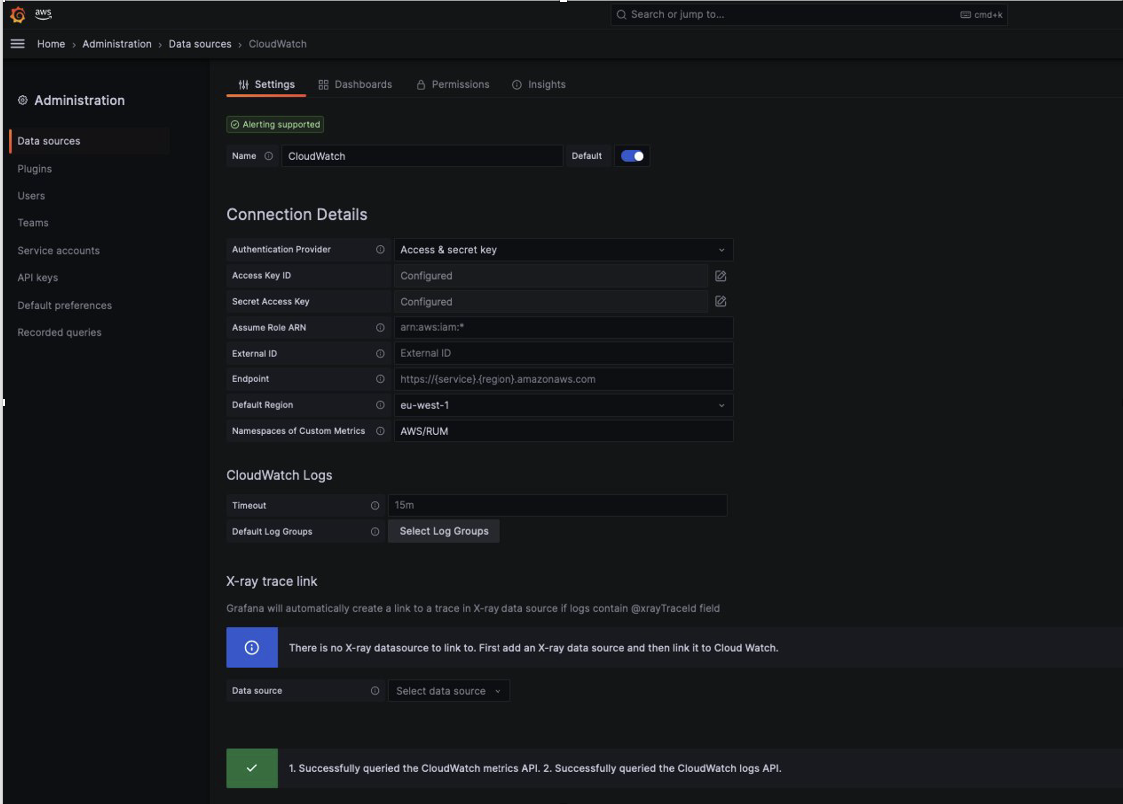 Screenshot of Grafana data source section to configure CloudWatch RUM datasource.